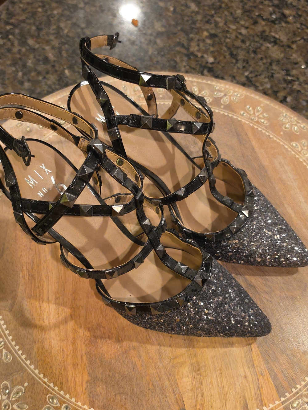 Mix No. 6 Black Studded Glitter Pointed-Toe Heels